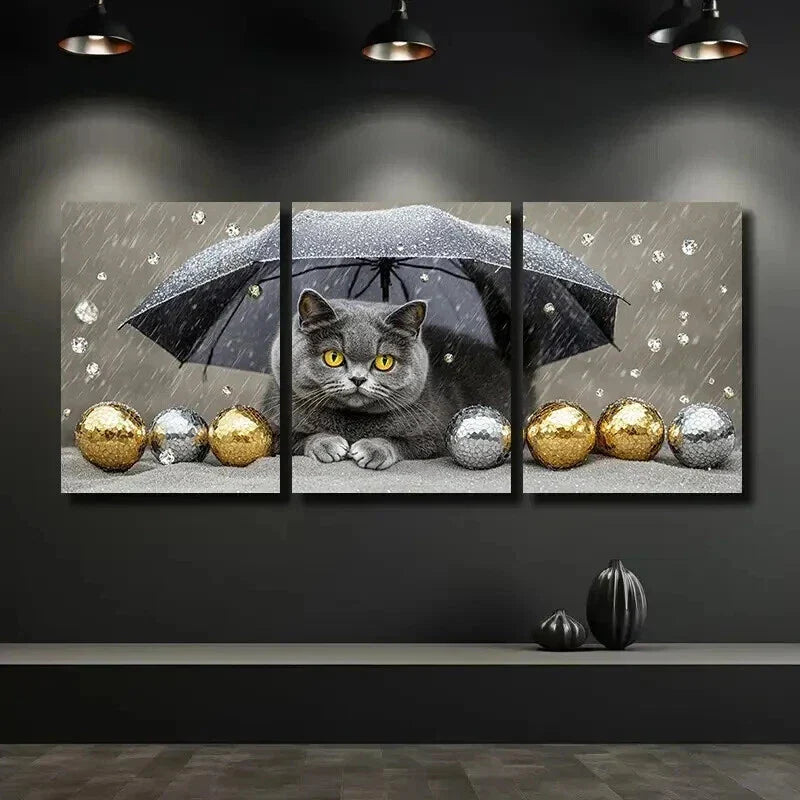 3pcs Charming Grey Cat Under Rain Wall Art Set Canvas Framed 40x60cm - High Quality Print 100% Australian Made Wall Canvas Ready to Hang