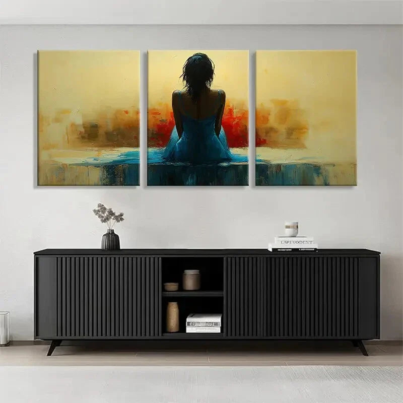 3pcs Woman in Blue Dress Abstract Serene Perfect Wall Art Set Canvas Framed 40x60cm - High Quality Print 100% Australian Made Wall Canvas Ready to Hang