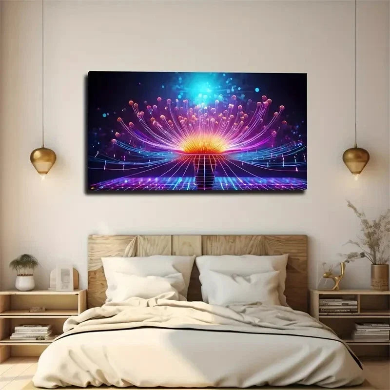 Vibrant Neon Flower Glowing Wall Art Canvas Office Home Room Framed 120x60cm