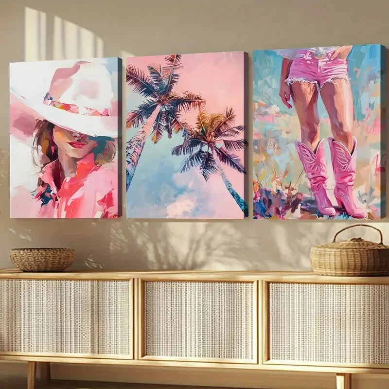 3pcs Palm Summer Cowgirl Girly Trendy Dorm Wall Art Set Canvas Framed 40x60cm - High Quality Print 100% Australian Made Wall Canvas Ready to Hang