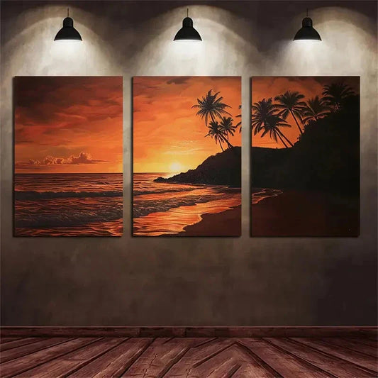 3pcs Palm Tree Silhouette Sunset Beach Metal Print Ready to Hang Art