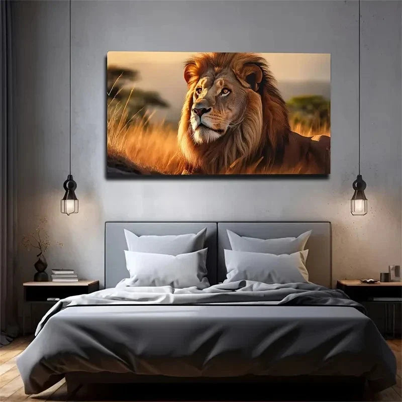Realistic Lion On The Prairie Wall Art Canvas Office Home Room Framed 80x45cm