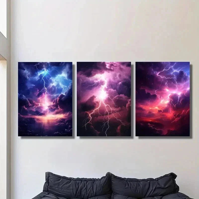 3pcs Abstract Purple and Blue Lightning Clouds Wall Art Set Canvas Framed 40x60cm - High Quality Print 100% Australian Made Wall Canvas Ready to Hang