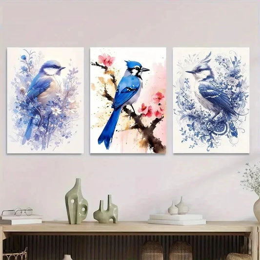 3pcs Bluebird Paintings Watercolor Bird Wall Art Set Canvas Framed 40x60cm - High Quality Print 100% Australian Made Wall Canvas Ready to Hang