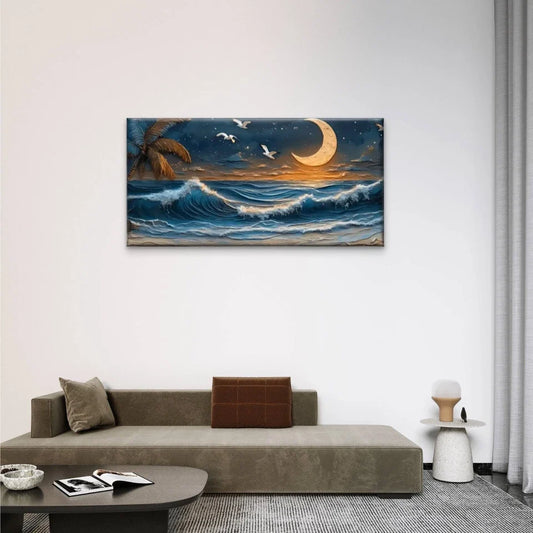 Beach Scene Moon Palm Wall Art Canvas Office Home Room Framed 80x45cm