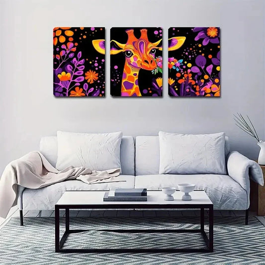 3pcs Flowers Giraffe Colorful Style Wall Art Set Canvas Framed 40x60cm - High Quality Print 100% Australian Made Wall Canvas Ready to Hang
