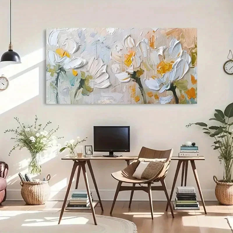 White Blooming Flowers Décor Wall Art Canvas Office Home Room Framed 120x60cm