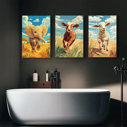 3pcs Abstract Animals Running Towards Bright Sky Metal Print Ready to Hang Art