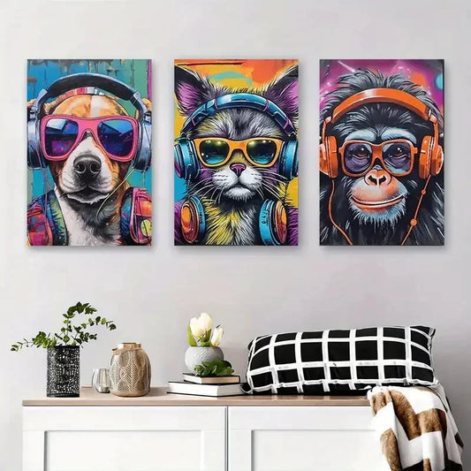 3pcs Colorful Animal Portraits with Headphones Metal Print Ready to Hang Art