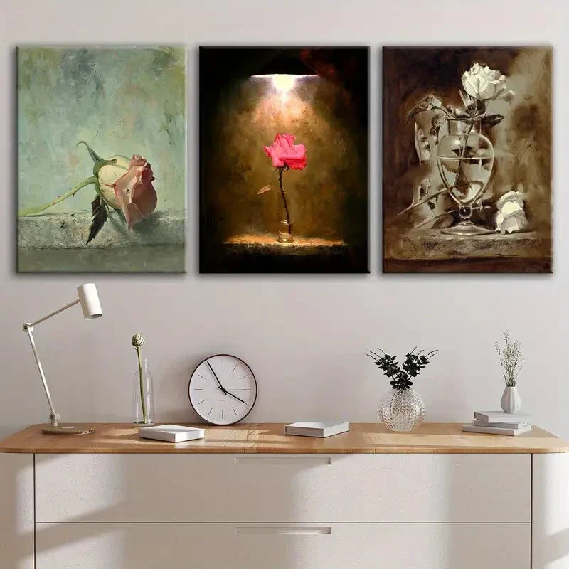 3pcs Vintage Oilpainting Style Rose Leopard Lion Wall Art Set Canvas Framed 40x60cm - High Quality Print 100% Australian Made Wall Canvas Ready to Hang