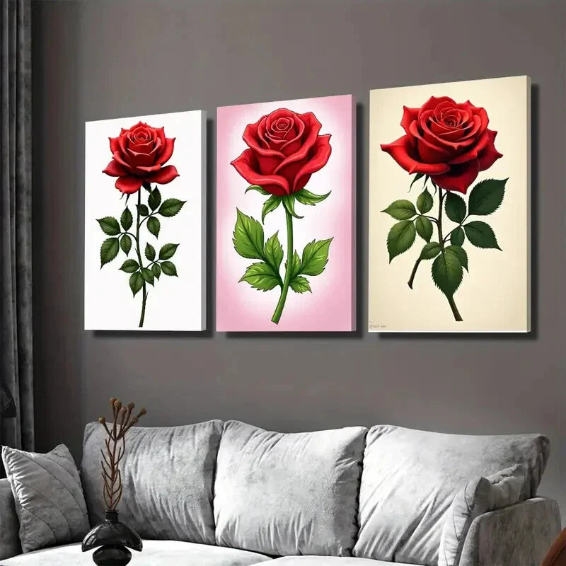 3pcs Elegant Red Rose Triptych Classic & Glam Wall Art Set Canvas Framed 40x60cm - High Quality Print 100% Australian Made Wall Canvas Ready to Hang