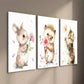 3pcs Rabbit Hedgehog Kitten Holding Flowers Wall Art Set Canvas Framed 40x60cm - High Quality Print 100% Australian Made Wall Canvas Ready to Hang