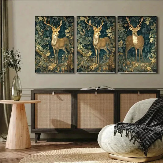 3pcs Golden - deer in Forest Triptych Wall Art Set Canvas Framed 40x60cm - High Quality Print 100% Australian Made Wall Canvas Ready to Hang