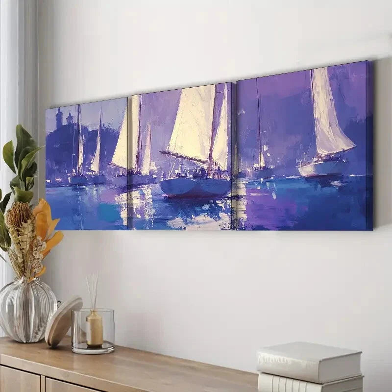 3pcs Sailboats at Sea Purple Blue Nature Perfect Wall Art Set Canvas Framed 40x60cm - High Quality Print 100% Australian Made Wall Canvas Ready to Hang