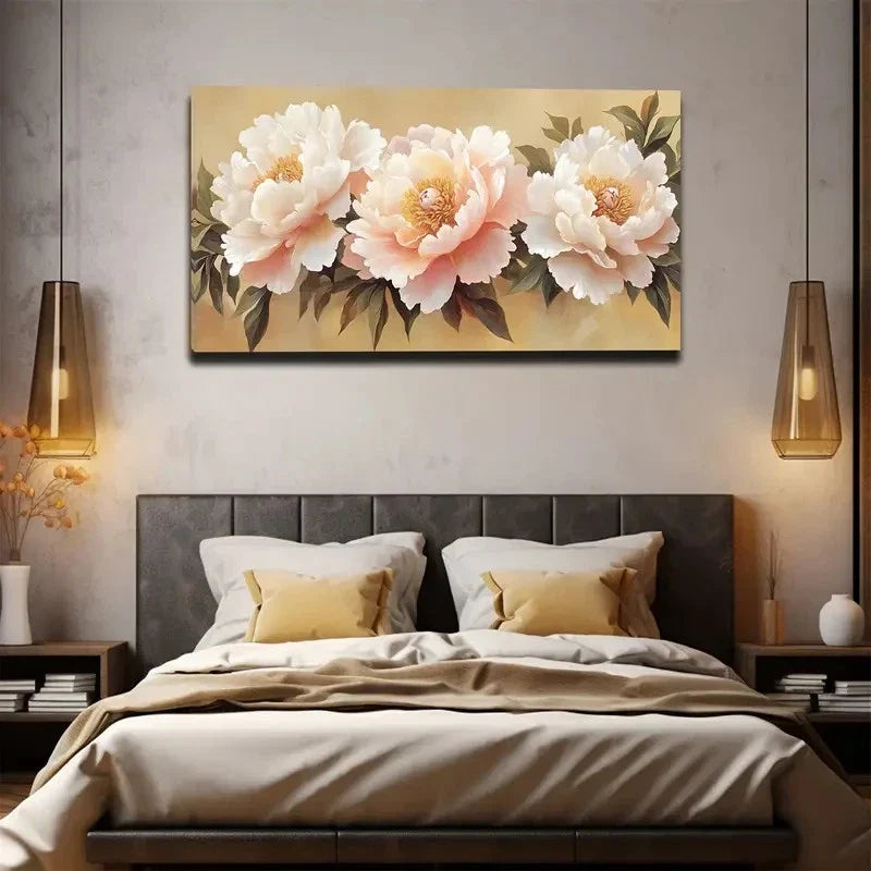 Delicately Painted Peonies Wall Art Canvas Office Home Room Framed 120x60cm