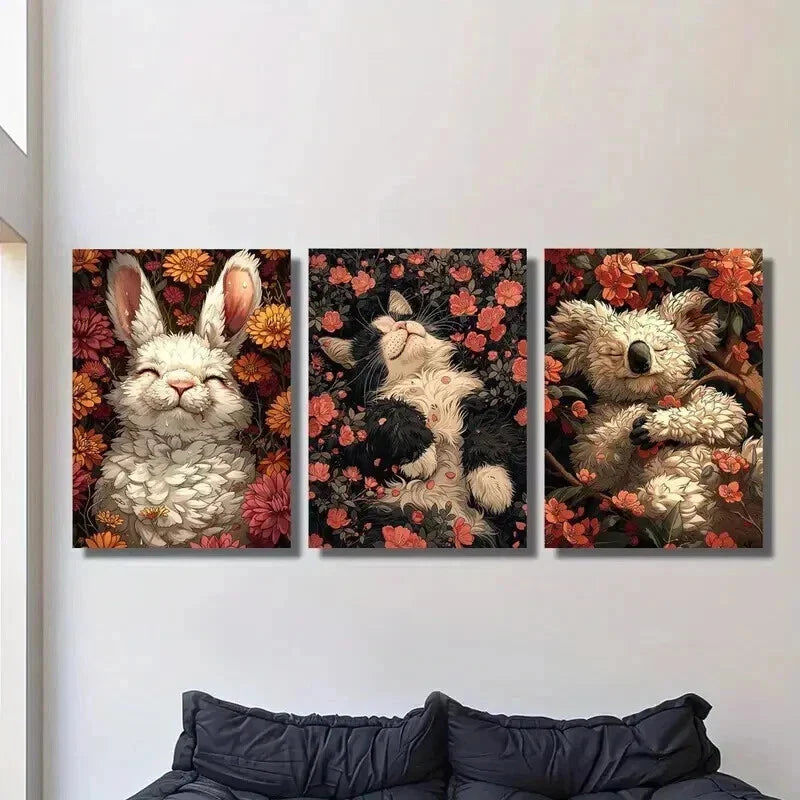 3pcs Rabbit Cat & Koala Sleeping on Flowers Wall Art Set Canvas Framed 40x60cm - High Quality Print 100% Australian Made Wall Canvas Ready to Hang