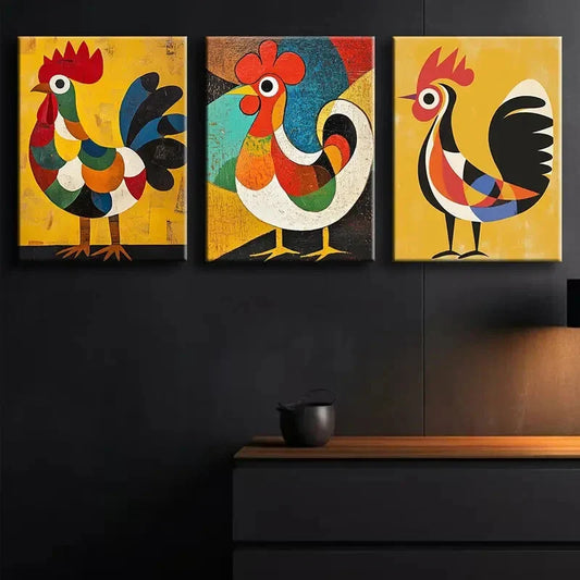 3pcs Abstract Rooster Colorful Perfect Perfect Art Set Canvas Framed 40x60cm - High Quality Print 100% Australian Made Wall Canvas Ready to Hang