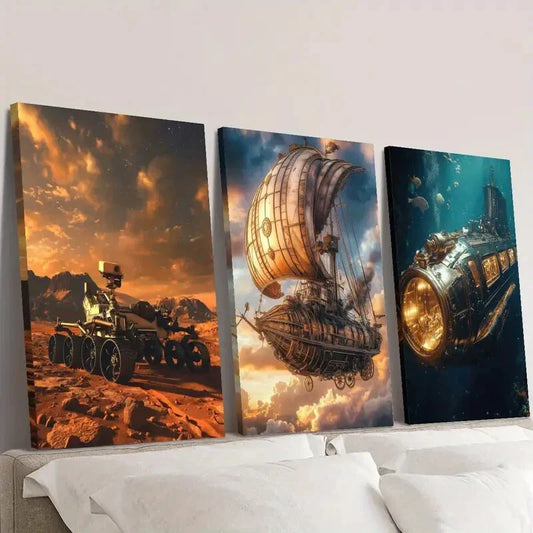 3pcs Mars Rover Steampunk Airship And Submarine Wall Art Set Canvas Framed 40x60cm - High Quality Print 100% Australian Made Wall Canvas Ready to Hang