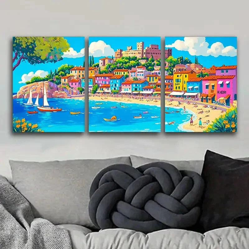 3pcs Mediterranean town Art Painting Metal Print Ready to Hang Art