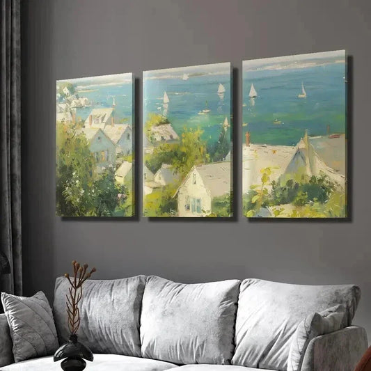 3pcs Cottage by the Sea Ships in the Harbor Wall Art Set Canvas Framed 40x60cm - High Quality Print 100% Australian Made Wall Canvas Ready to Hang