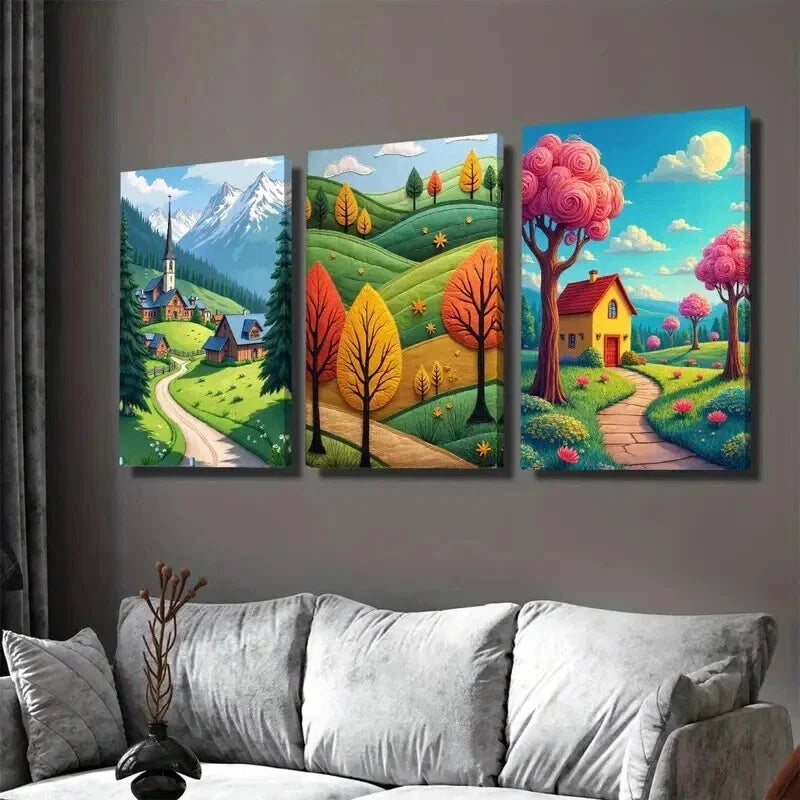 3pcs Village & Mountain Landscape Vibrant Autumn Wall Art Set Canvas Framed 40x60cm - High Quality Print 100% Australian Made Wall Canvas Ready to Hang