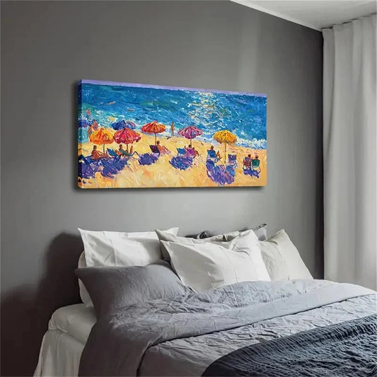 Depicting A Lively Beach Scene Wall Art Canvas Office Home Room Framed 80x45cm