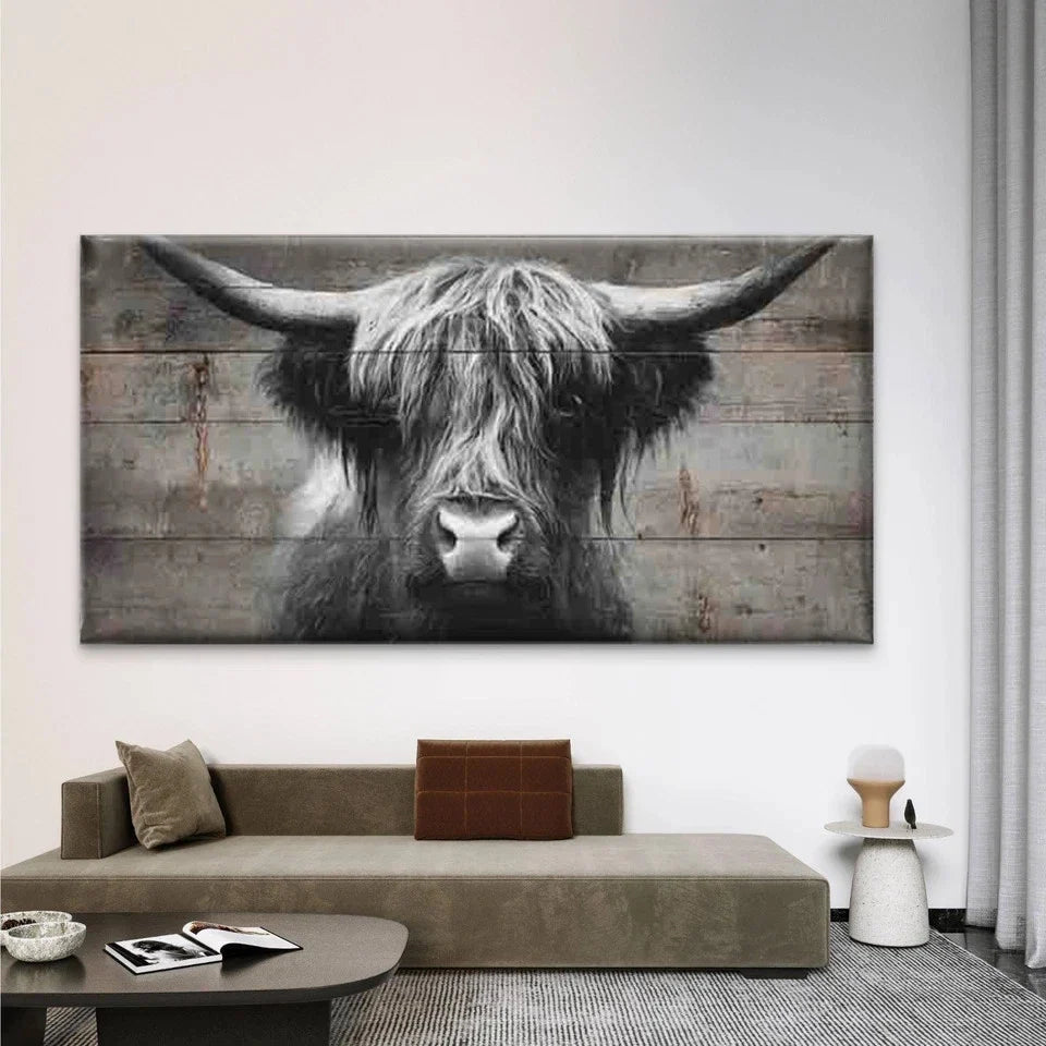 Black and White Highland Cattle Wall Art Canvas Office Home Room Framed 80x45cm