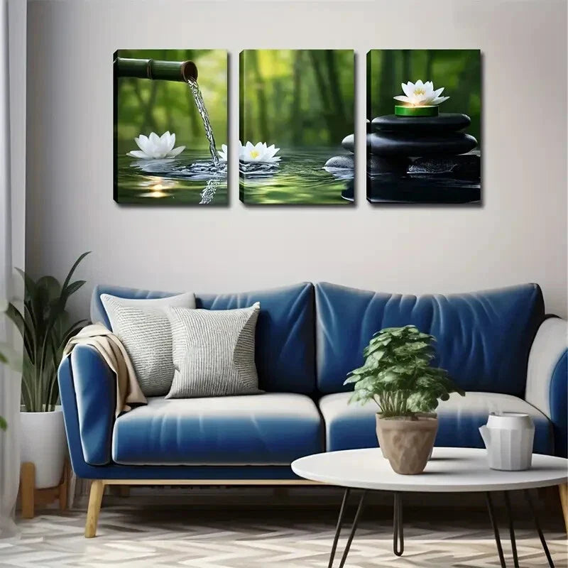3pcs Serene Bamboo Forest with for Lotus Flowers Wall Art Set Canvas Framed 40x60cm - High Quality Print 100% Australian Made Wall Canvas Ready to Hang