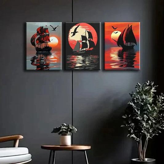 3pcs Sailboats Sunset Shine Moon Ocean Perfect Wall Art Set Canvas Framed 40x60cm - High Quality Print 100% Australian Made Wall Canvas Ready to Hang