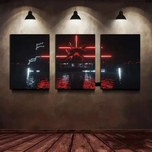 3pcs Modern Abstract Red & Black Lightning Storm Metal Print Ready to Hang Art