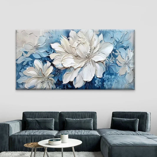Elegant White & Blue Floral Wall Art Canvas Office Home Room Framed 120x60cm