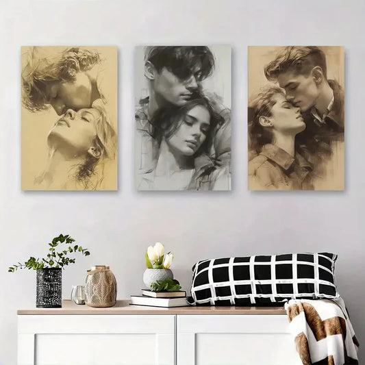 3pcs Romantic Couple Sketch Black and White Metal Print Ready to Hang Art
