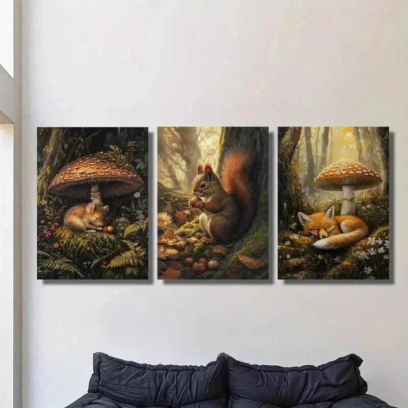 3pcs Squirrel Fox Mouse & Mushrooms Flowers Wall Art Set Canvas Framed 40x60cm - High Quality Print 100% Australian Made Wall Canvas Ready to Hang