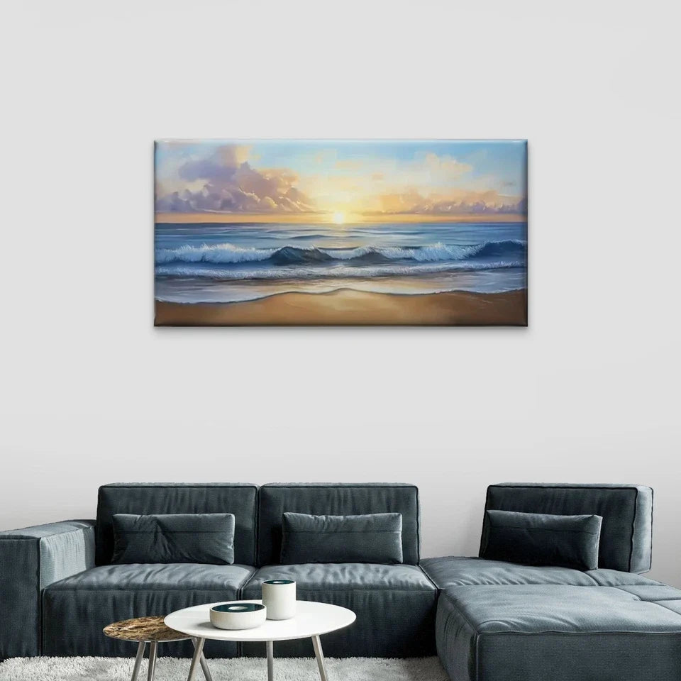 Sunset Beach Wave Sky Wall Art Canvas Office Home Room Framed 80x45cm