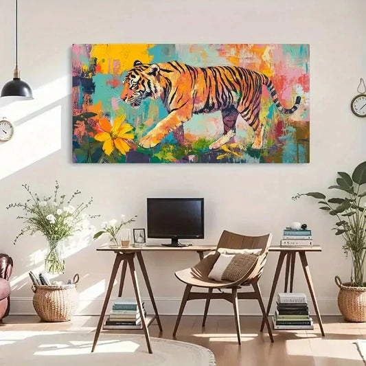 Vibrant Colorful Abstract Tiger Wall Art Canvas Office Home Room Framed 120x60cm