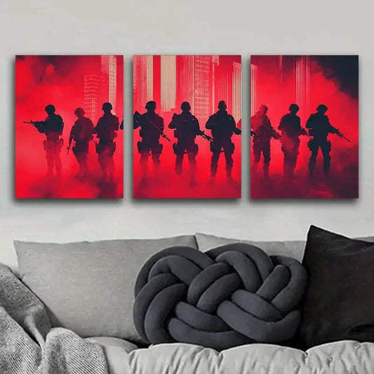 3pcs Soldiers in Formation Silhouette on Red Back Metal Print Ready to Hang Art