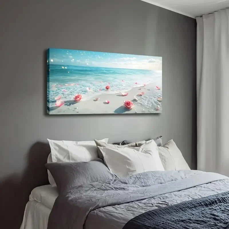 Serene Beach Scene Pink Roses Wall Art Canvas Office Home Room Framed 120x60cm