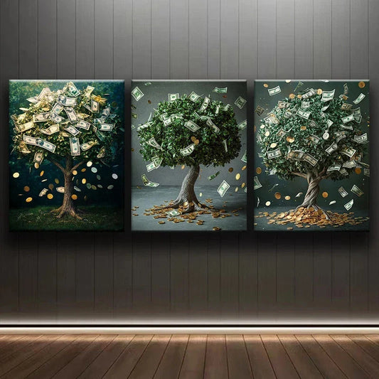 3pcs Money Tree Green Nature Golden Metal Print Ready to Hang Art