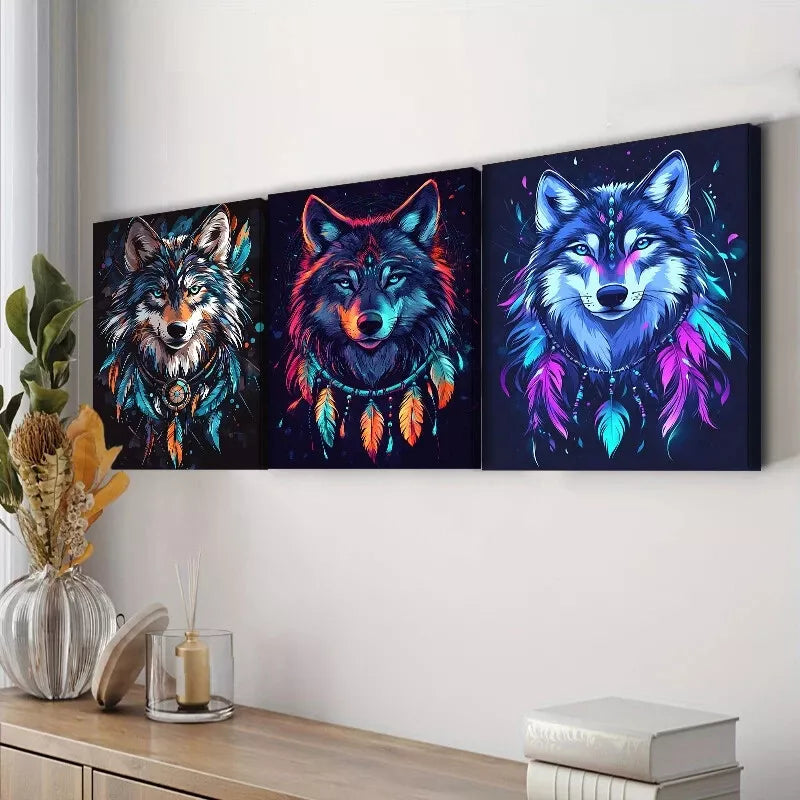3pcs Stunning Wolf Neon Colors   Colorful Necklace Wall Art Set Canvas Framed 40x60cm - High Quality Print 100% Australian Made Wall Canvas Ready to Hang