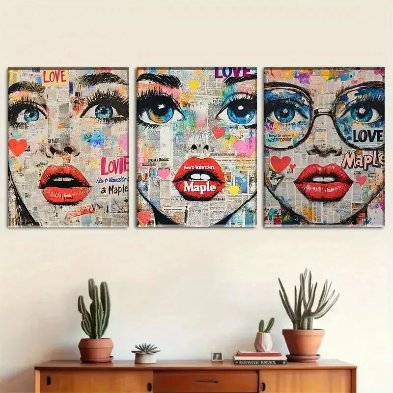 3pcs Pop-Art Style Female Face Triptych  Wall Art Set Canvas Framed 40x60cm - High Quality Print 100% Australian Made Wall Canvas Ready to Hang