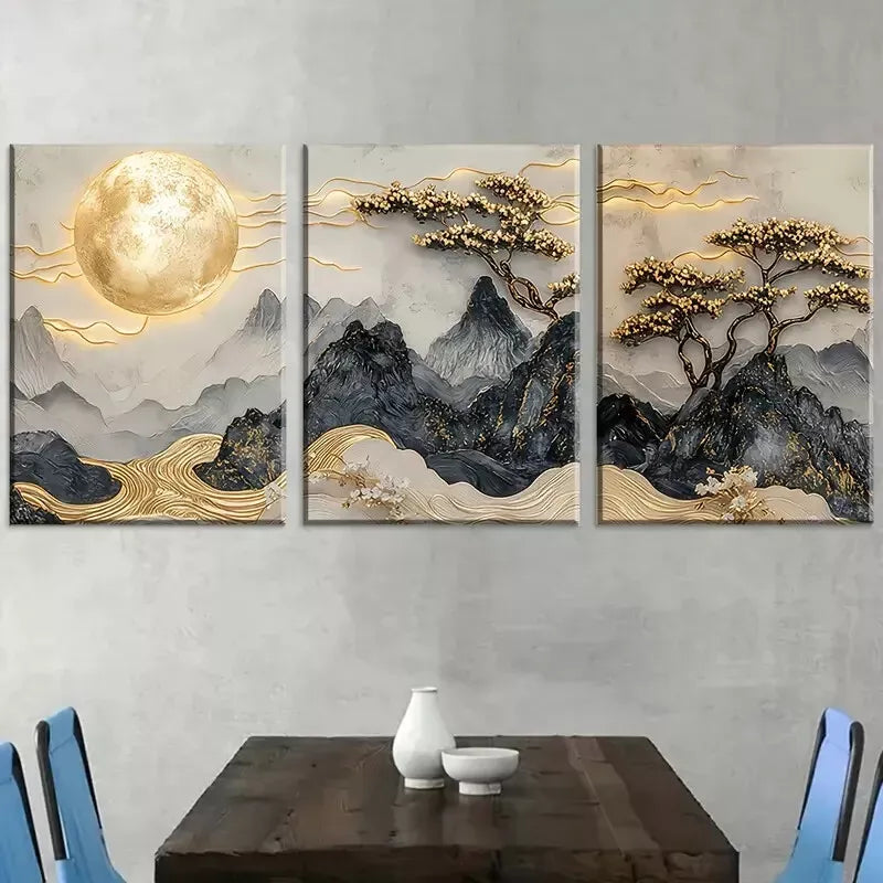 3pcs Chinese Luxury Points Golden Mountain Wall Art Set Canvas Framed 40x60cm - High Quality Print 100% Australian Made Wall Canvas Ready to Hang