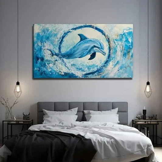 Flat Hoop Dolphin Suitable Wall Art Canvas Office Home Room Framed 120x60cm