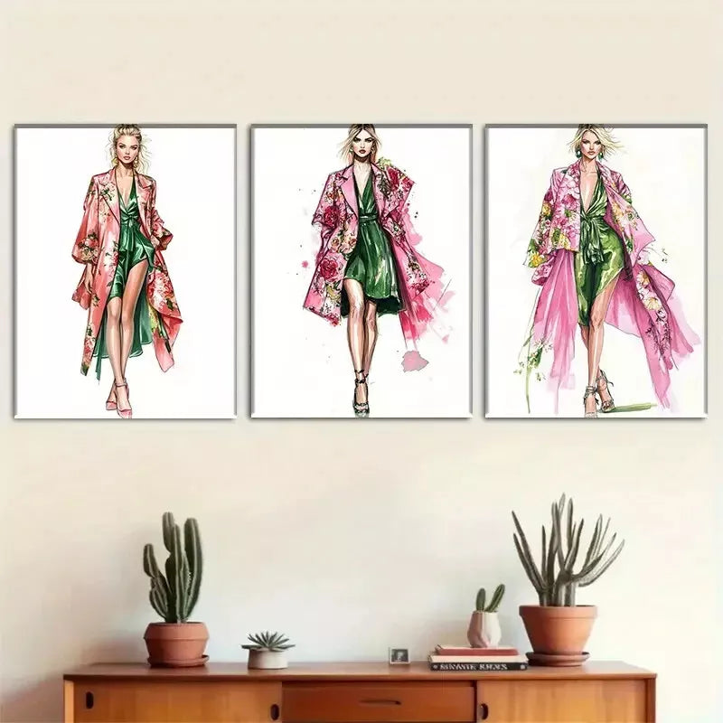 3pcs Fashion Sketch Style Triptych Wall Art Set Canvas Framed 40x60cm - High Quality Print 100% Australian Made Wall Canvas Ready to Hang