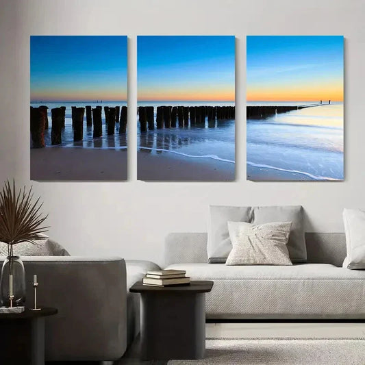 3pcs Serene Beach Sunset Tranquil Ocean Metal Print Ready to Hang Art