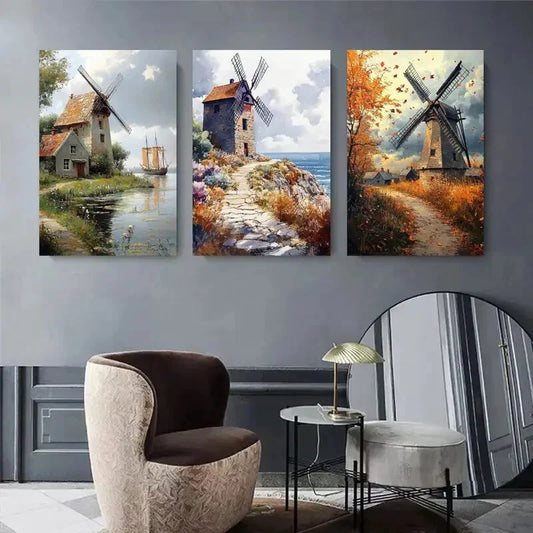 3pcs Windmill Village Countryside, Autumn Metal Print Ready to Hang Art