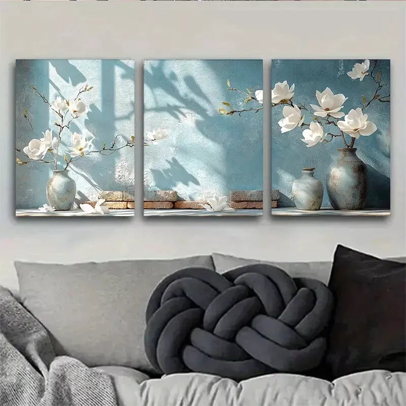 3pcs Modern Elegant Blue Vase Magnolia Floral   Wall Art Set Canvas Framed 40x60cm - High Quality Print 100% Australian Made Wall Canvas Ready to Hang