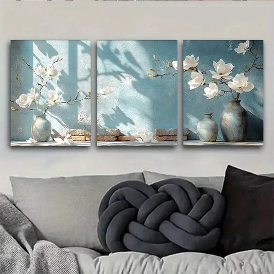 3pcs Modern Elegant Blue Vase Magnolia Floral   Wall Art Set Canvas Framed 40x60cm - High Quality Print 100% Australian Made Wall Canvas Ready to Hang