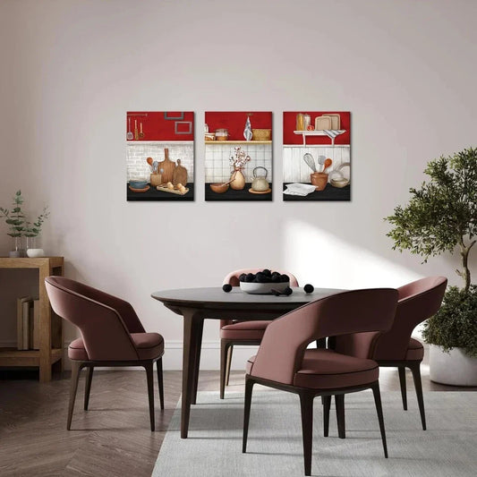 3pcs Black and Red Kitchen Items Metal Print Ready to Hang Art