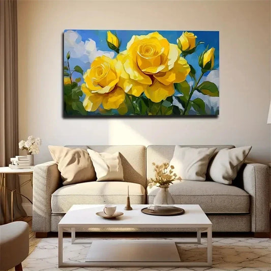 Vibrant Yellow Roses Wall Art Canvas Office Home Room Framed 120x60cm