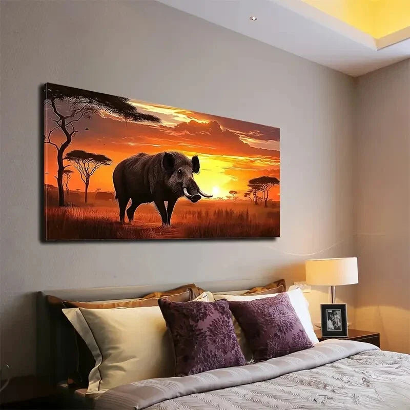 Savanna Fierce Wild Boar Wheat Wall Art Canvas Office Home Room Framed 120x60cm